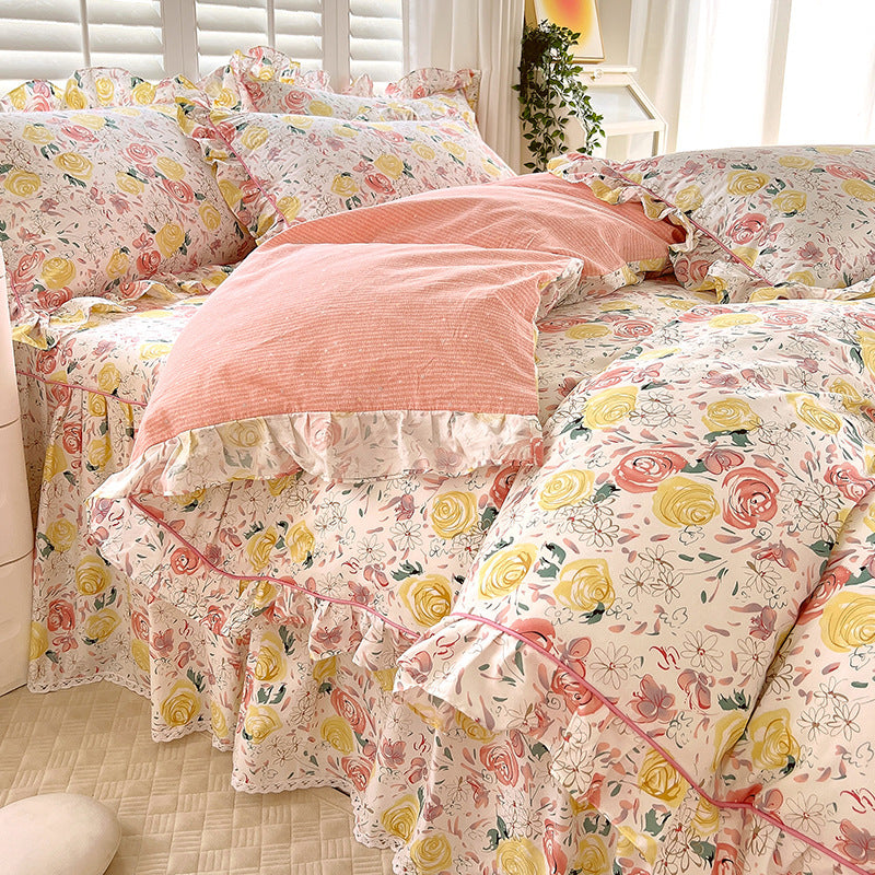 KTX-845331 Cotton Bedding Four-Piece Set with Quilt Cover, Bed Sheet, and Pillowcases in Korean Style