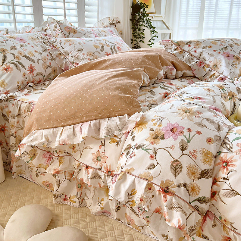 KTX-845331 Cotton Bedding Four-Piece Set with Quilt Cover, Bed Sheet, and Pillowcases in Korean Style