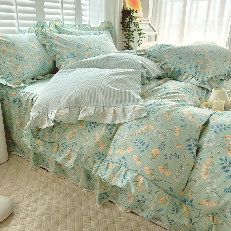 KTX-845331 Cotton Bedding Four-Piece Set with Quilt Cover, Bed Sheet, and Pillowcases in Korean Style