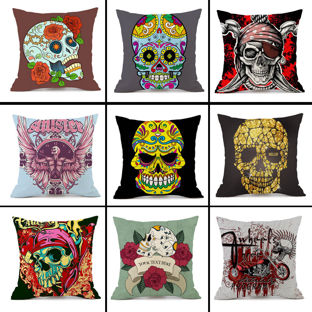 KTX-845843 Personalized Halloween Retro Skull Linen Throw Pillow Cover, 45x45cm