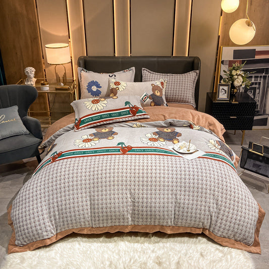 KTX-846163 Nordic Double-sided Velvet Bed Sheet Set - Geometric Pattern, Multicolor, Available in Multiple Sizes