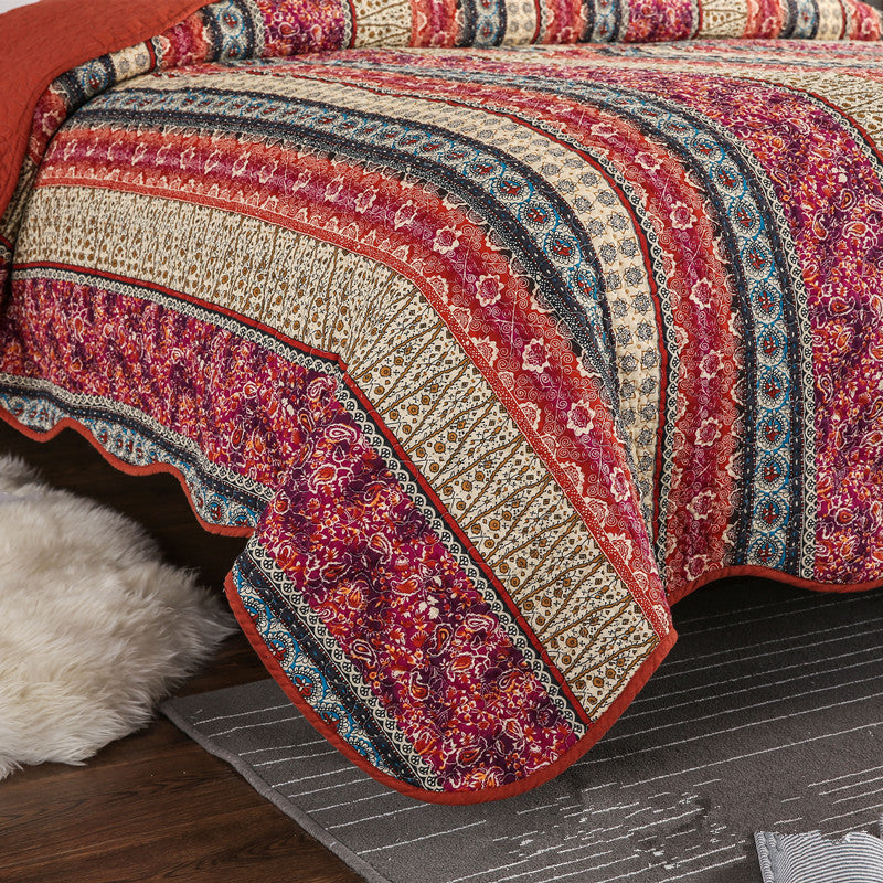 KTX-847123 Three-Piece Pastoral Floral Cotton and Linen Wash Quilt Set - 230x250CM with Pillowcases