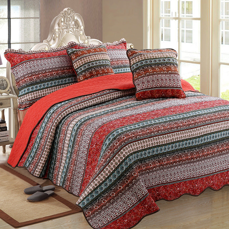 KTX-847123 Three-Piece Pastoral Floral Cotton and Linen Wash Quilt Set - 230x250CM with Pillowcases