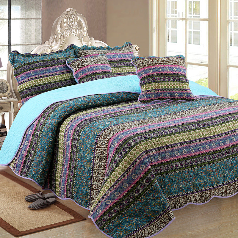 KTX-847123 Three-Piece Pastoral Floral Cotton and Linen Wash Quilt Set - 230x250CM with Pillowcases