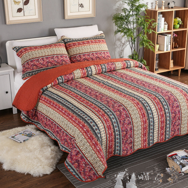 KTX-847123 Three-Piece Pastoral Floral Cotton and Linen Wash Quilt Set - 230x250CM with Pillowcases