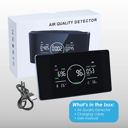 KTX-847507 5-in-1 Air Quality Monitor for CO, CO2, TVOC, Humidity, and Temperature Detection