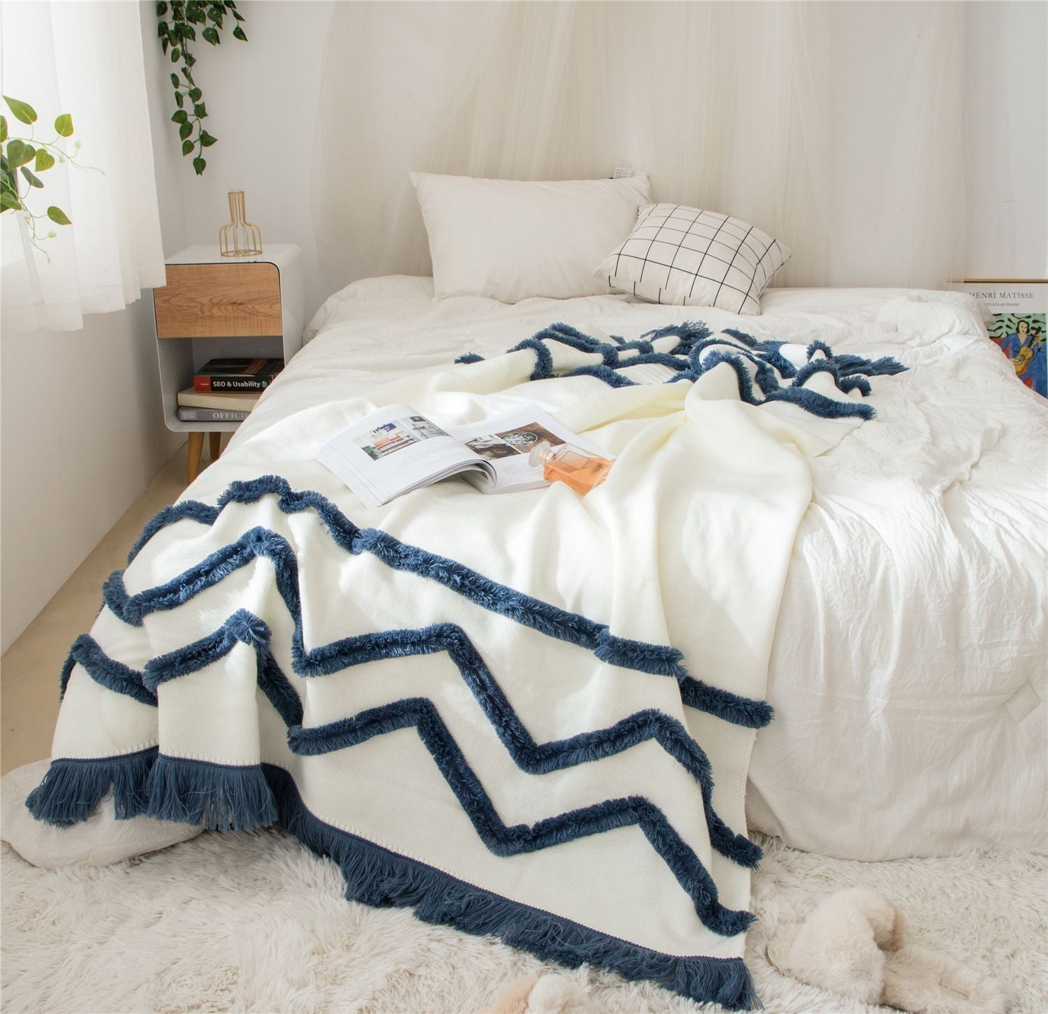 KTX-847635 Knitted Woolen Towel Blanket with Tassels for Home Decor in Nordic Style