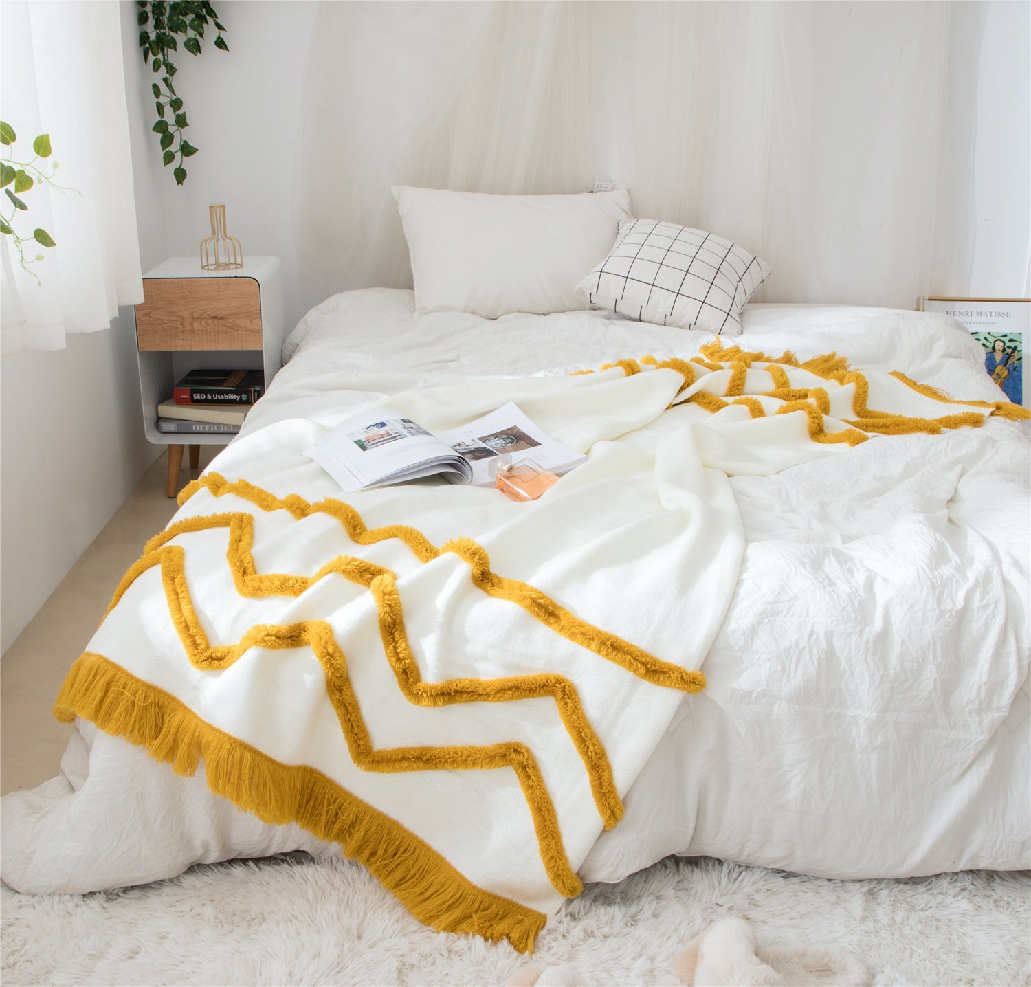 KTX-847635 Knitted Woolen Towel Blanket with Tassels for Home Decor in Nordic Style