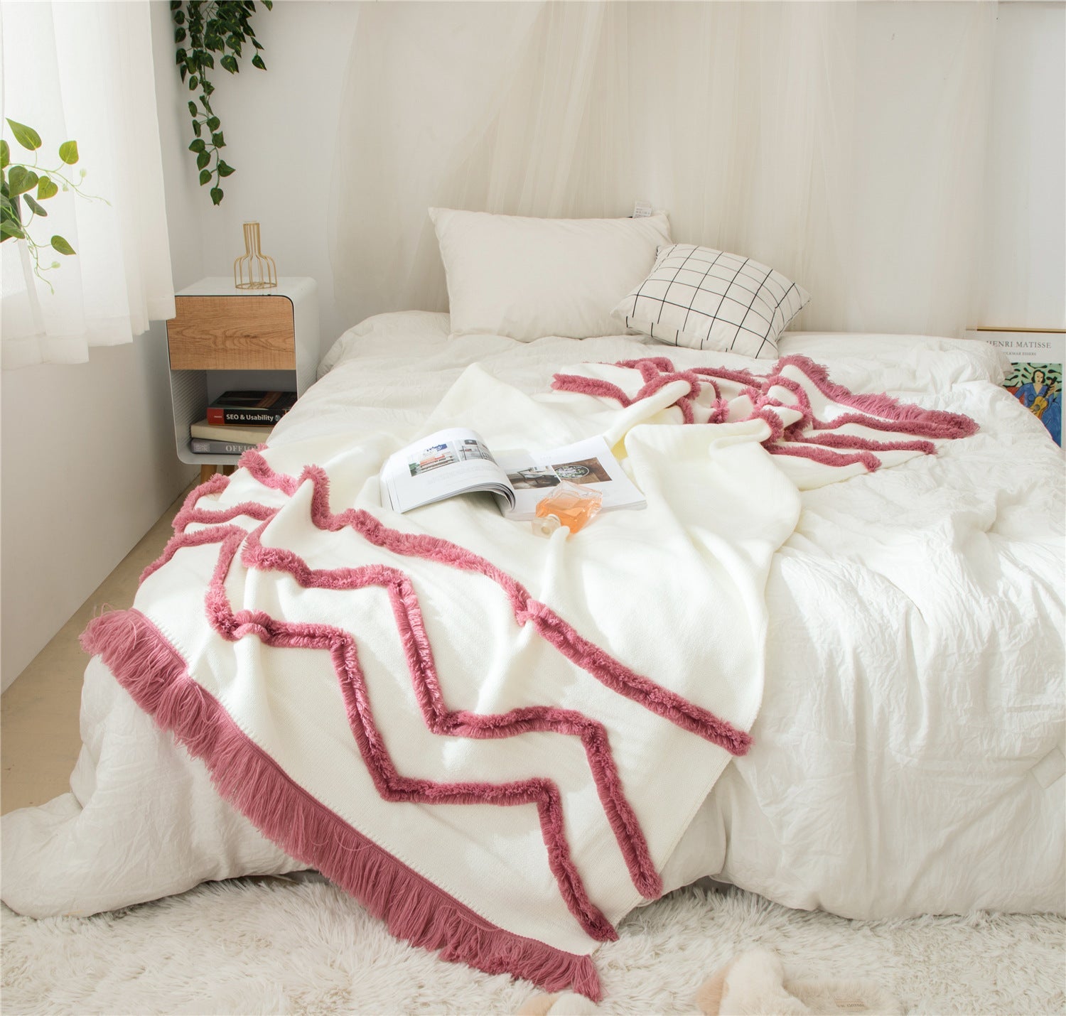 KTX-847635 Knitted Woolen Towel Blanket with Tassels for Home Decor in Nordic Style