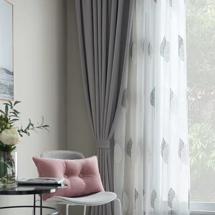 KTX-848019 Double Color Tree Shadow Embroidered Curtain with 4 Rows of Flowers in Gray White, Polyester Material, 280cm Wide