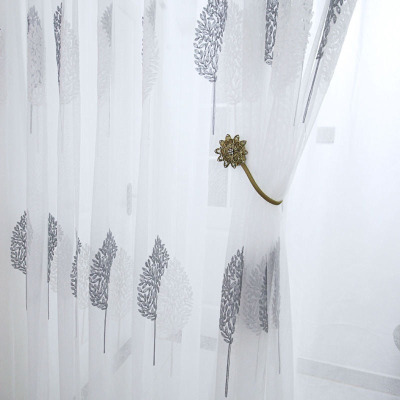 KTX-848019 Double Color Tree Shadow Embroidered Curtain with 4 Rows of Flowers in Gray White, Polyester Material, 280cm Wide