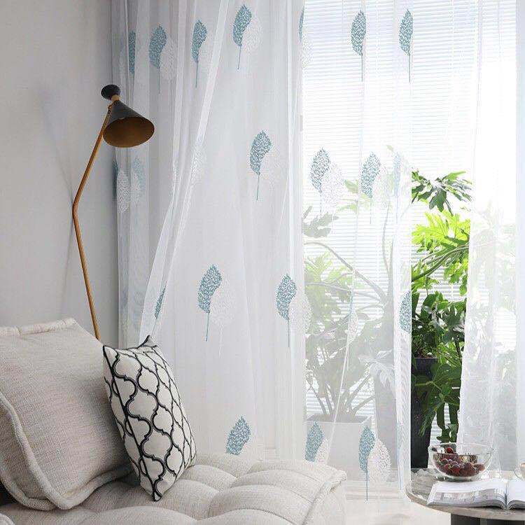 KTX-848019 Double Color Tree Shadow Embroidered Curtain with 4 Rows of Flowers in Gray White, Polyester Material, 280cm Wide