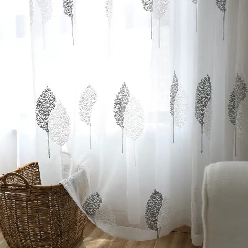 KTX-848019 Double Color Tree Shadow Embroidered Curtain with 4 Rows of Flowers in Gray White, Polyester Material, 280cm Wide