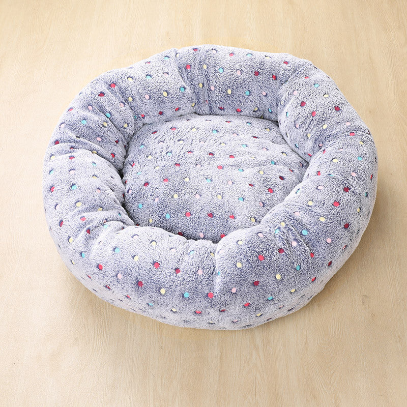 KTX-849747 Thick Plush Round Pet Nest Mat with Blanket for Autumn and Winter - Multiple Sizes and Designs Available
