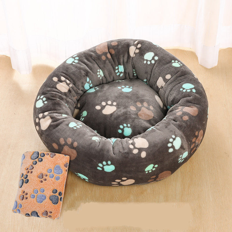 KTX-849747 Thick Plush Round Pet Nest Mat with Blanket for Autumn and Winter - Multiple Sizes and Designs Available