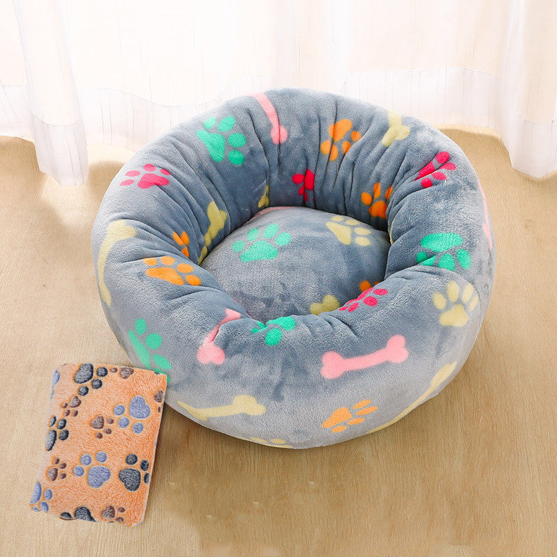 KTX-849747 Thick Plush Round Pet Nest Mat with Blanket for Autumn and Winter - Multiple Sizes and Designs Available