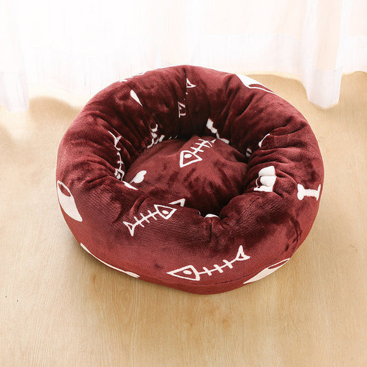 KTX-849747 Thick Plush Round Pet Nest Mat with Blanket for Autumn and Winter - Multiple Sizes and Designs Available