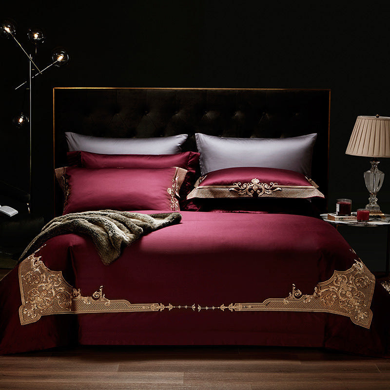 KTX-851539 Luxury Burgundy Four-Piece Wedding Bed Set with Satin Weaving and Cotton Fabric