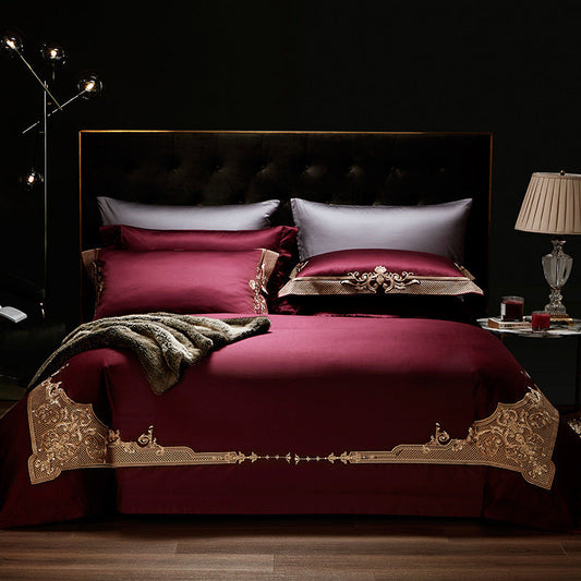 KTX-851539 Luxury Burgundy Four-Piece Wedding Bed Set with Satin Weaving and Cotton Fabric