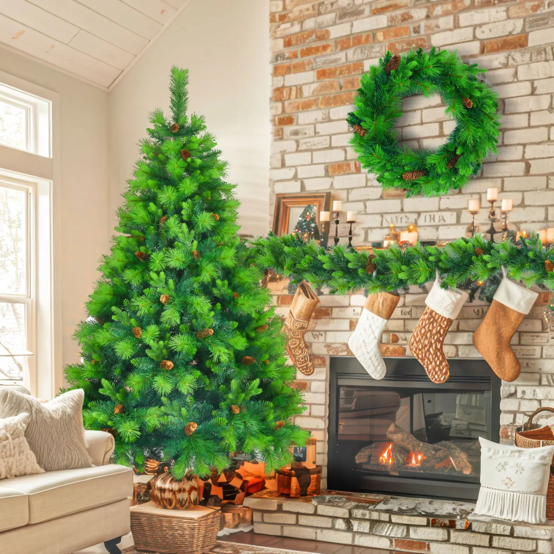 KTX-853523 6FT Pre-Lit Artificial Pine Christmas Tree with Green Wreath and Garland Set, Large Branches