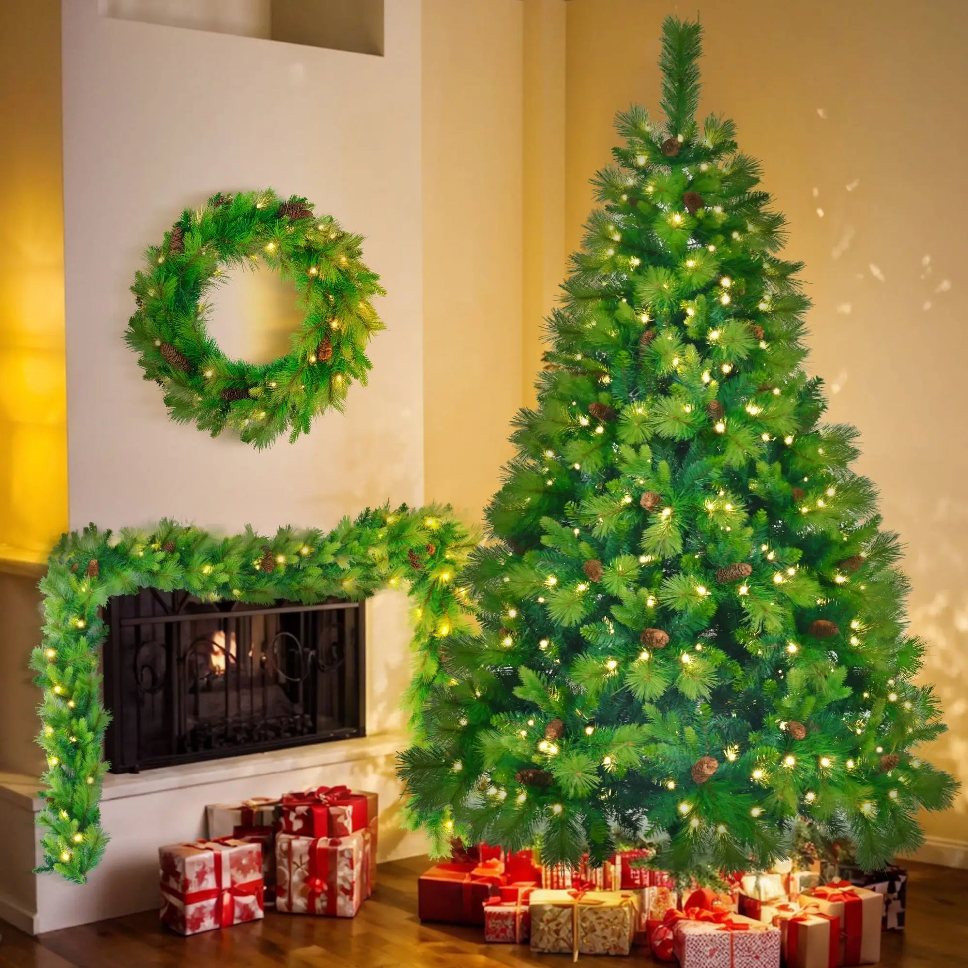 KTX-853523 6FT Pre-Lit Artificial Pine Christmas Tree with Green Wreath and Garland Set, Large Branches