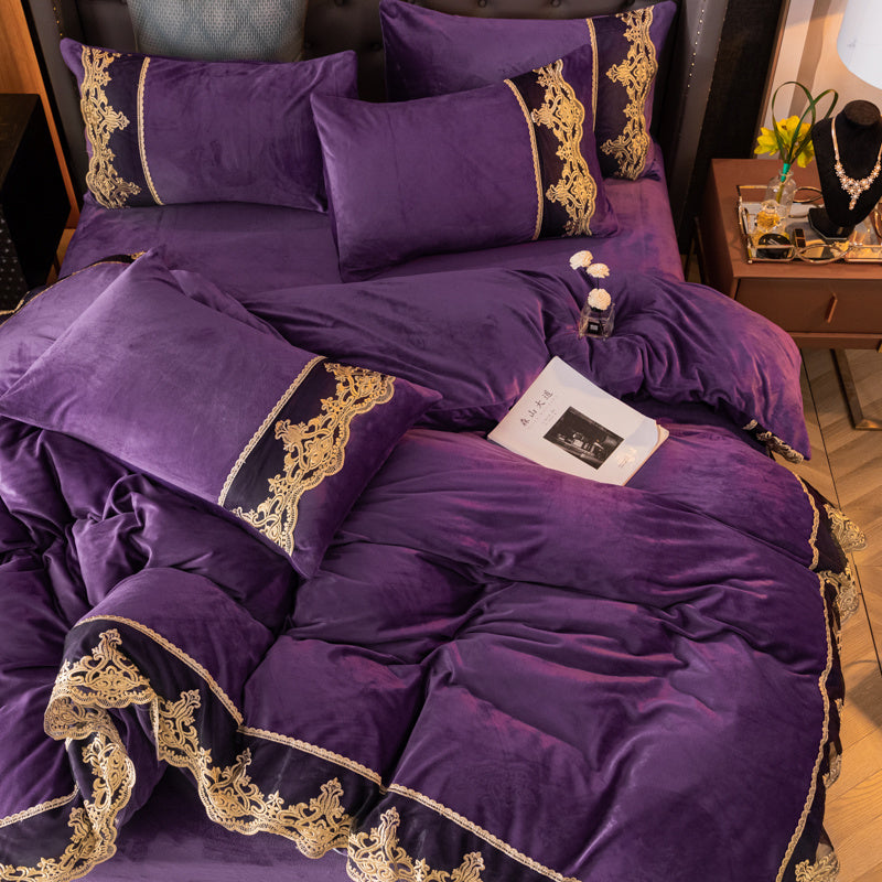 KTX-855059 Nordic Style Four-Piece Winter Bed Set with Solid Plush Polyester Lining