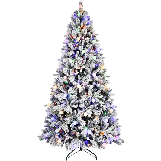 KTX-855827 Pre-Lit Flocked Christmas Tree with 1000-1500 LED Lights and Decorative Ornaments, Hinged Branch Design for Indoor/Outdoor Use
