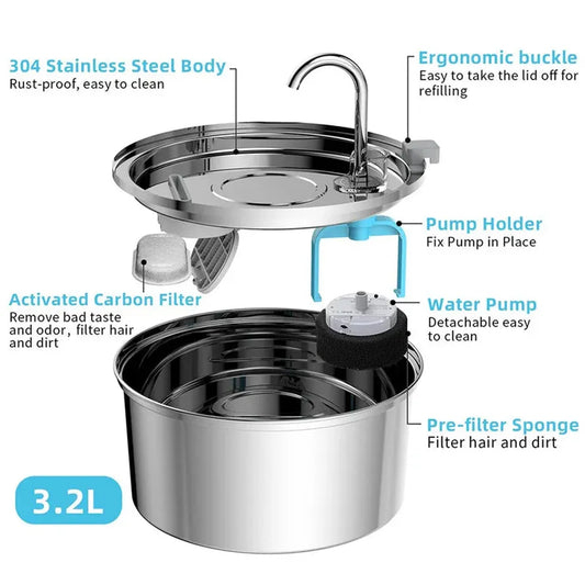 KTX-856979 Stainless Steel 3.2L Pet Water Fountain for Cats and Small Dogs