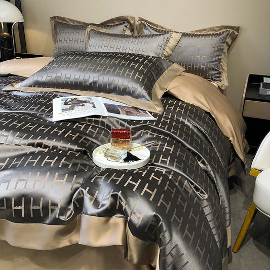 KTX-858515 European Style Blended Silk Cotton Four-Piece Bedding Set in Kerry Gray, Pink, and Yellow - Suitable for 1.5-2m Beds