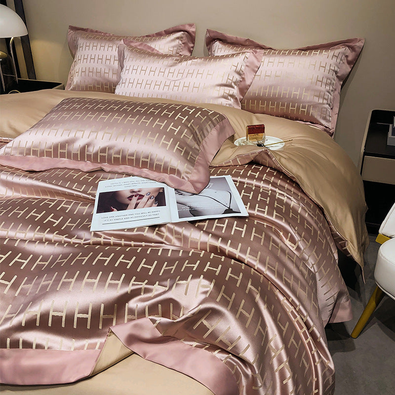 KTX-858515 European Style Blended Silk Cotton Four-Piece Bedding Set in Kerry Gray, Pink, and Yellow - Suitable for 1.5-2m Beds