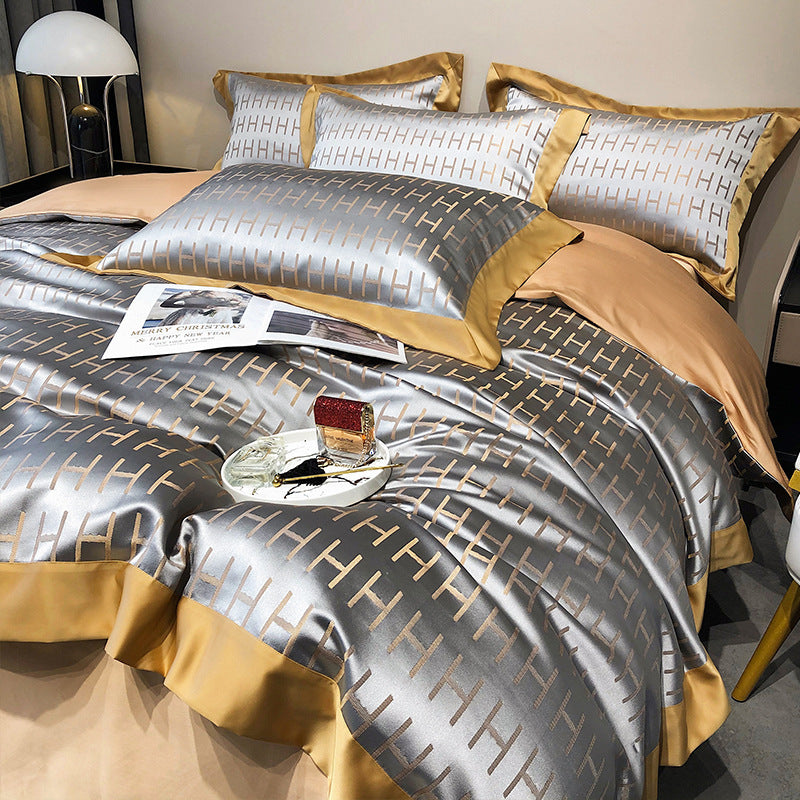 KTX-858515 European Style Blended Silk Cotton Four-Piece Bedding Set in Kerry Gray, Pink, and Yellow - Suitable for 1.5-2m Beds