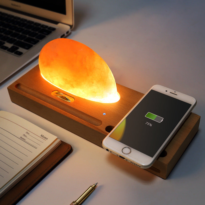 KTX-858579 Salt Lamp with Wireless Charging, Solid Wood Base, Mineral Crystal Shade, 3W LED Light