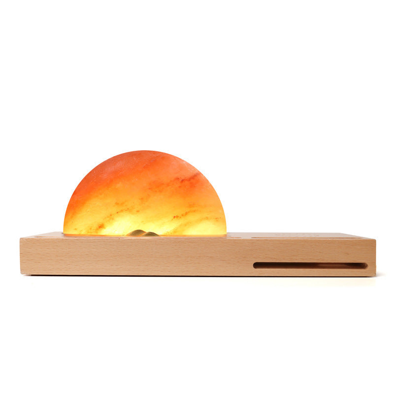 KTX-858579 Salt Lamp with Wireless Charging, Solid Wood Base, Mineral Crystal Shade, 3W LED Light