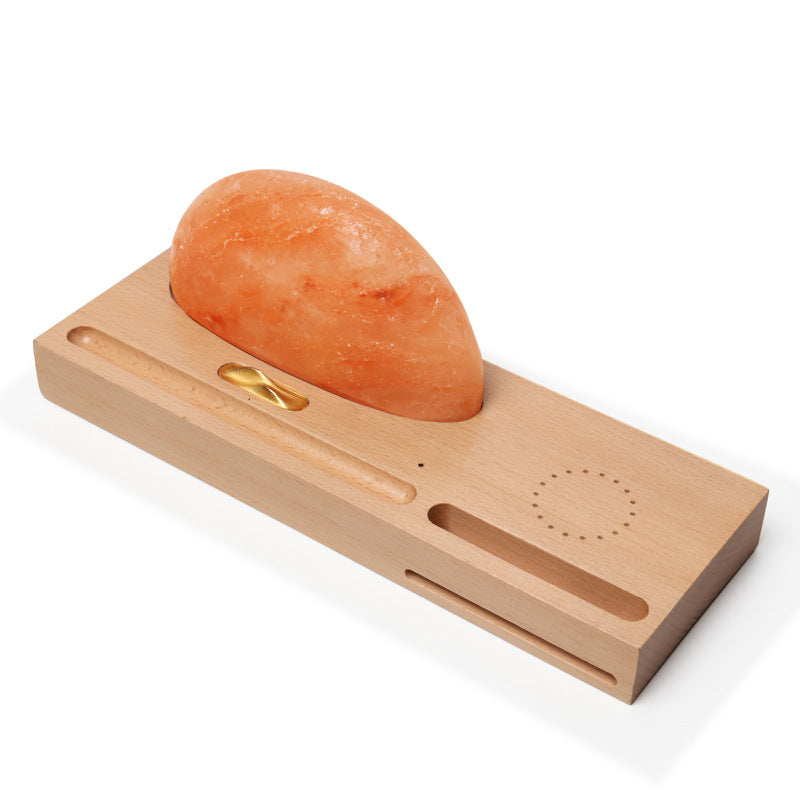 KTX-858579 Salt Lamp with Wireless Charging, Solid Wood Base, Mineral Crystal Shade, 3W LED Light