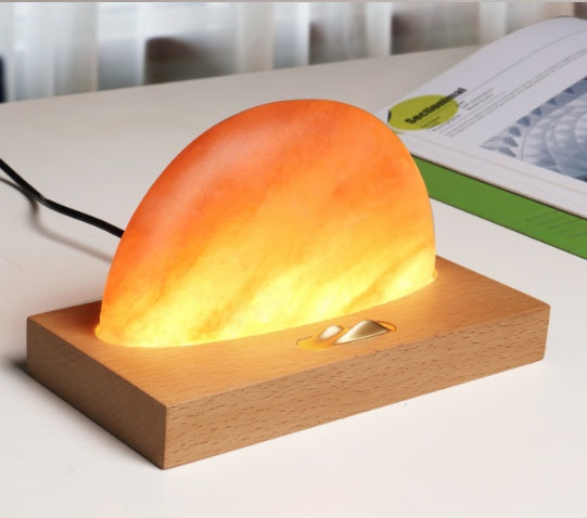 KTX-858579 Salt Lamp with Wireless Charging, Solid Wood Base, Mineral Crystal Shade, 3W LED Light