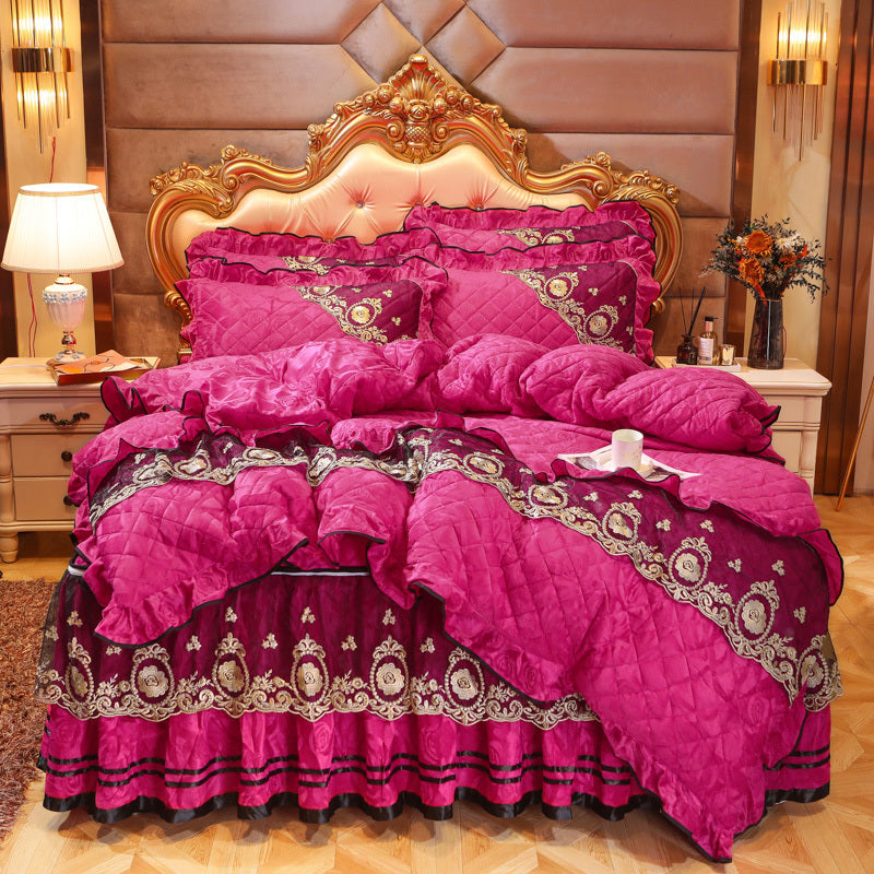 KTX-858835 Thick Velvet Lace Winter Quilted Four-Piece Bedding Set in Various Patterns