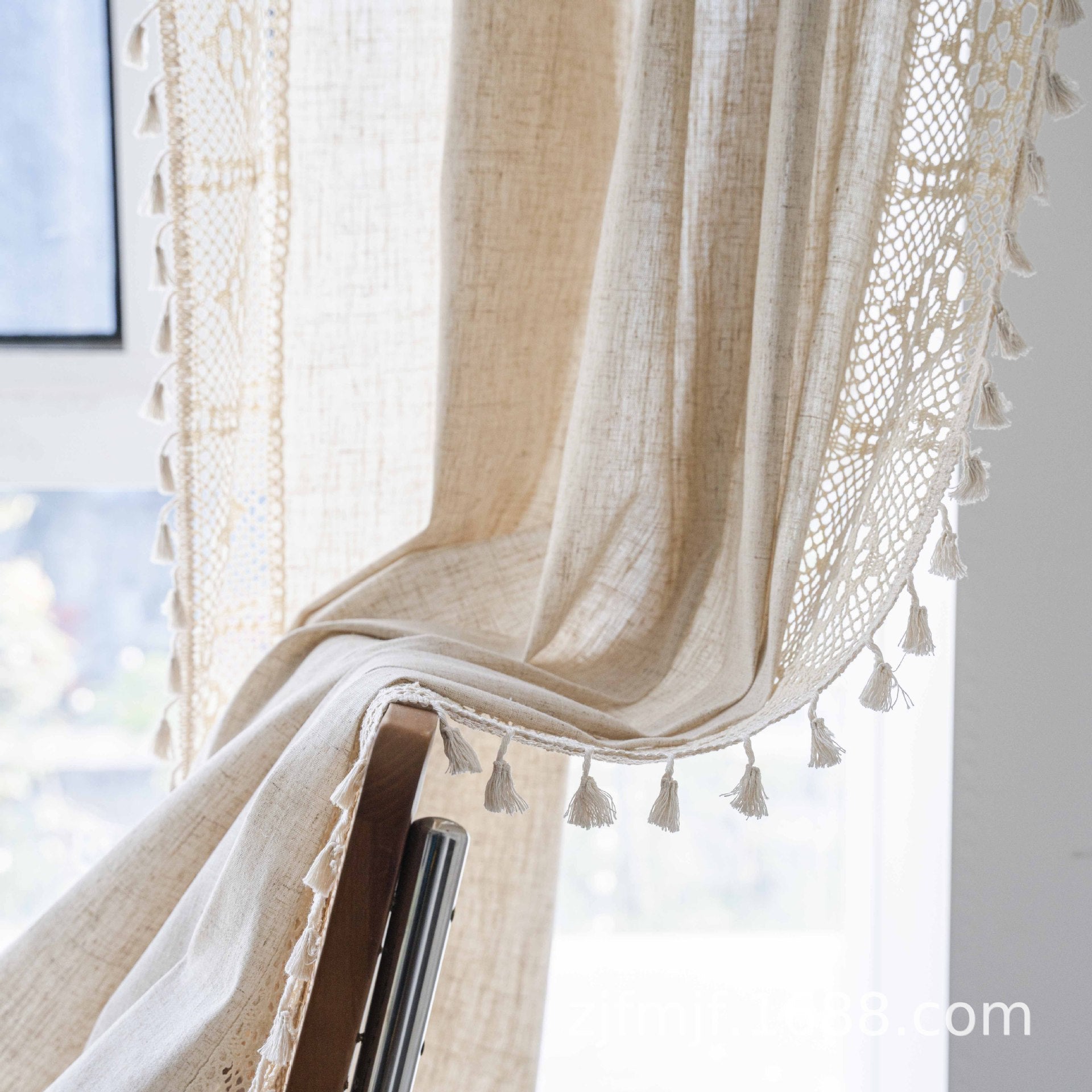 KTX-859219 Short Crochet Partition Curtain with Plaid Stitching - Half Shade Polyester Cotton Decor