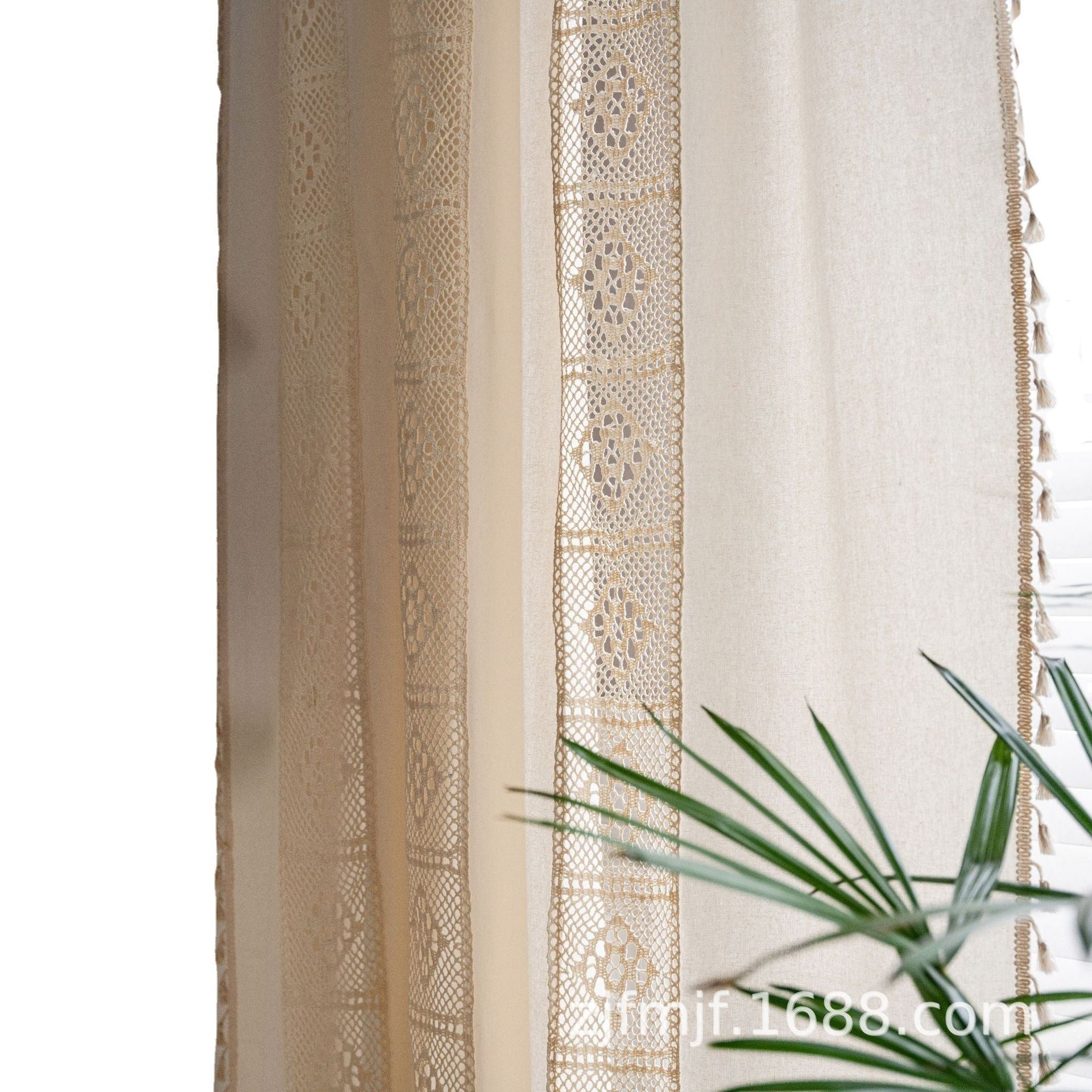 KTX-859219 Short Crochet Partition Curtain with Plaid Stitching - Half Shade Polyester Cotton Decor