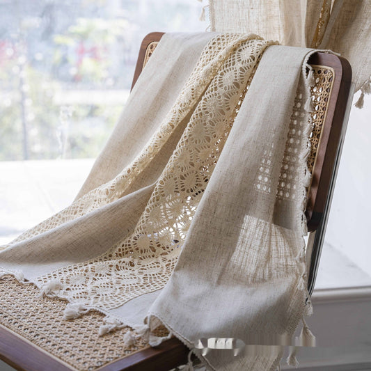 KTX-859219 Short Crochet Partition Curtain with Plaid Stitching - Half Shade Polyester Cotton Decor