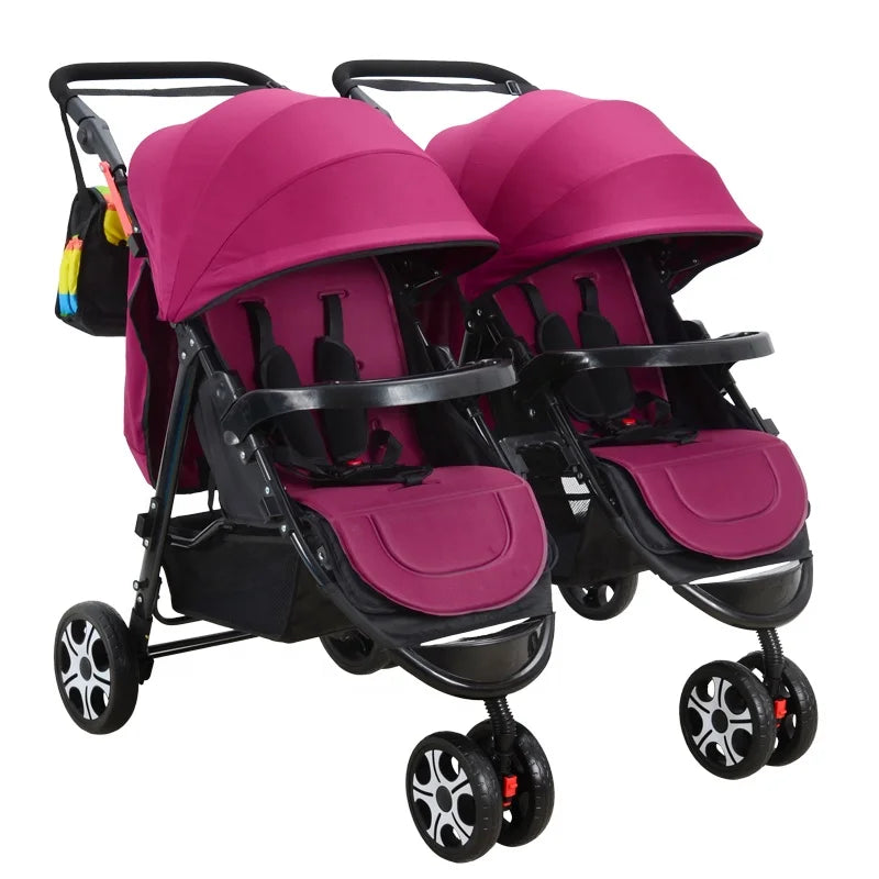 KTX-863315 Twin Baby Stroller in Pink and Blue with Removable Sun Canopy and Multi-Position Recline