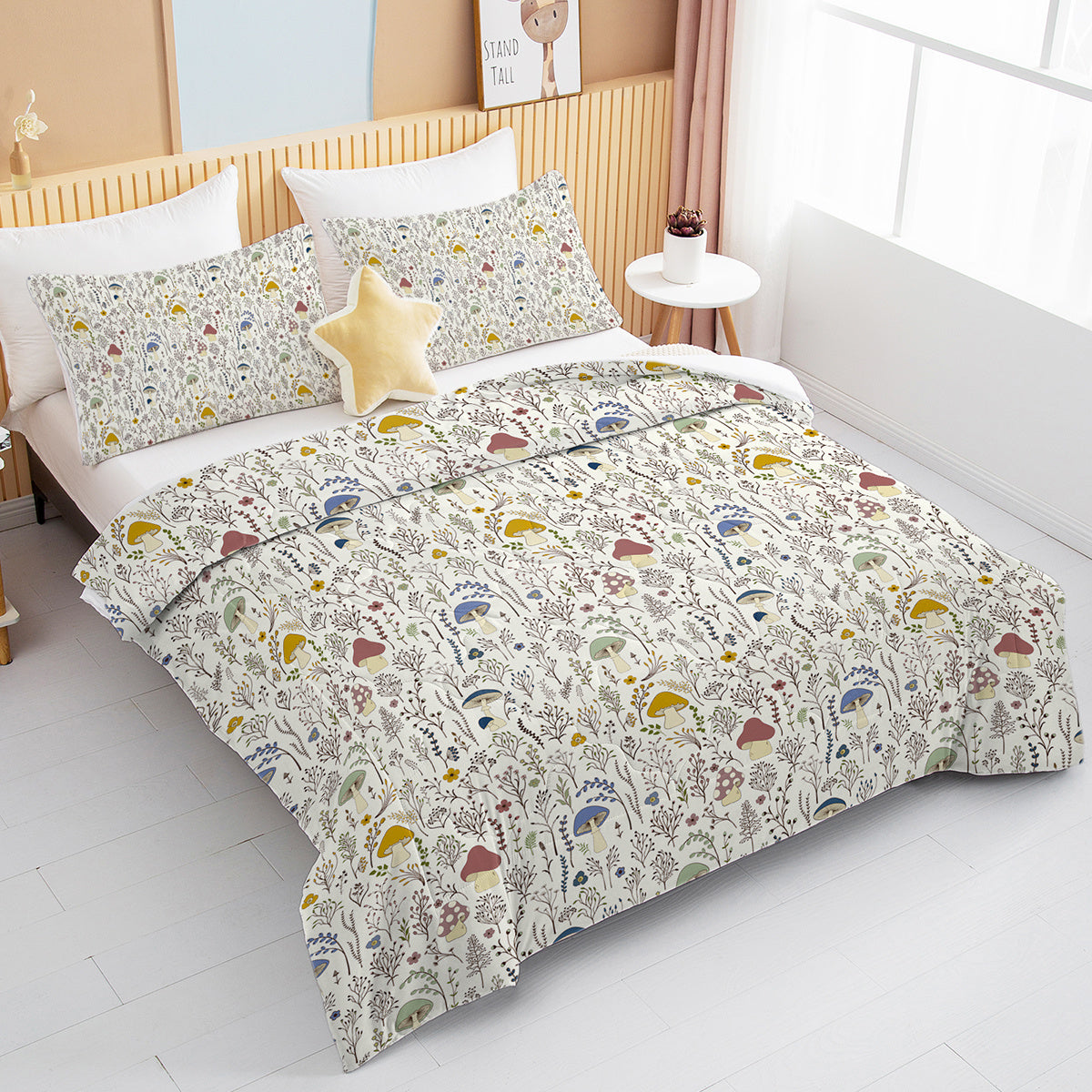 KTX-866259 Mushroom Print Microfiber Comforter Set with Shams - Twin, Full, Queen, King Sizes Available