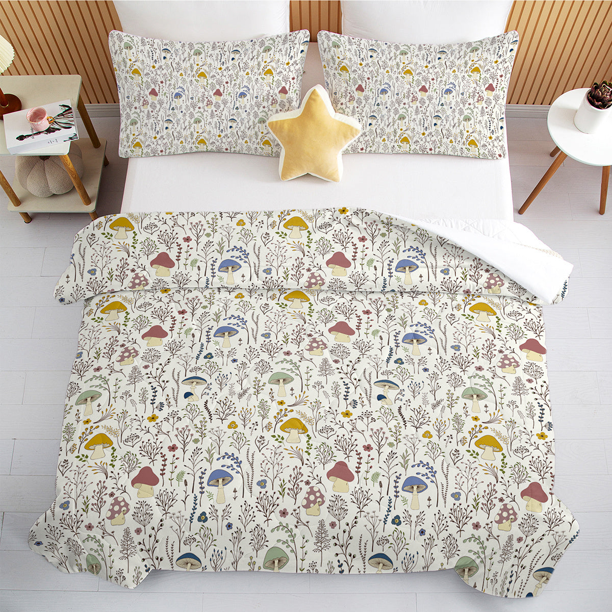 KTX-866259 Mushroom Print Microfiber Comforter Set with Shams - Twin, Full, Queen, King Sizes Available