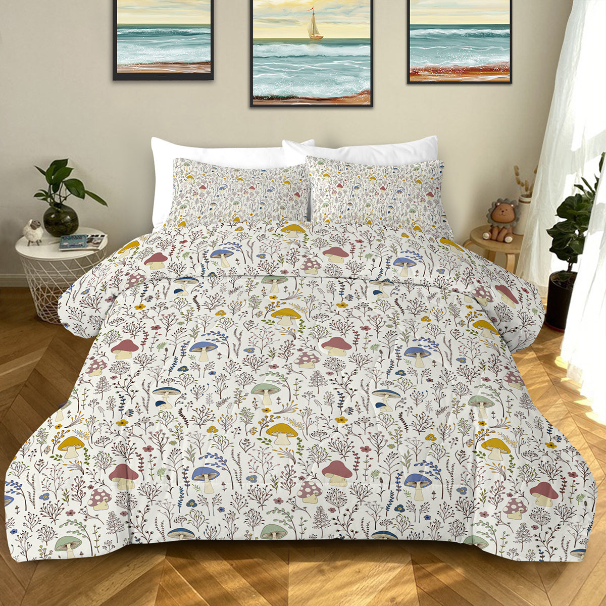 KTX-866259 Mushroom Print Microfiber Comforter Set with Shams - Twin, Full, Queen, King Sizes Available