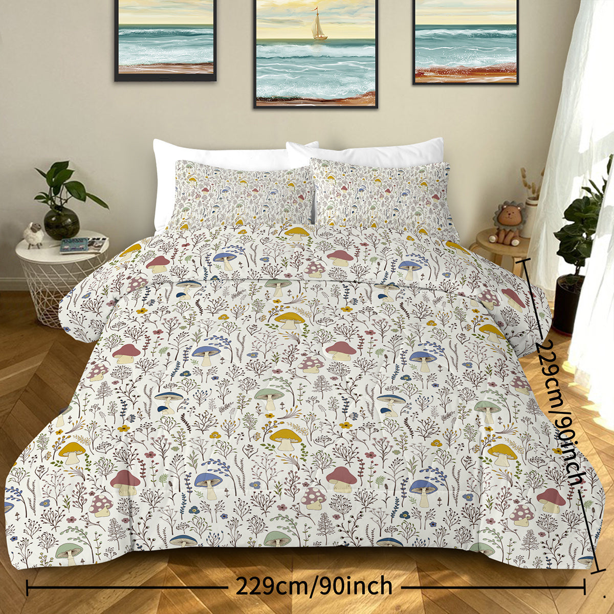 KTX-866259 Mushroom Print Microfiber Comforter Set with Shams - Twin, Full, Queen, King Sizes Available