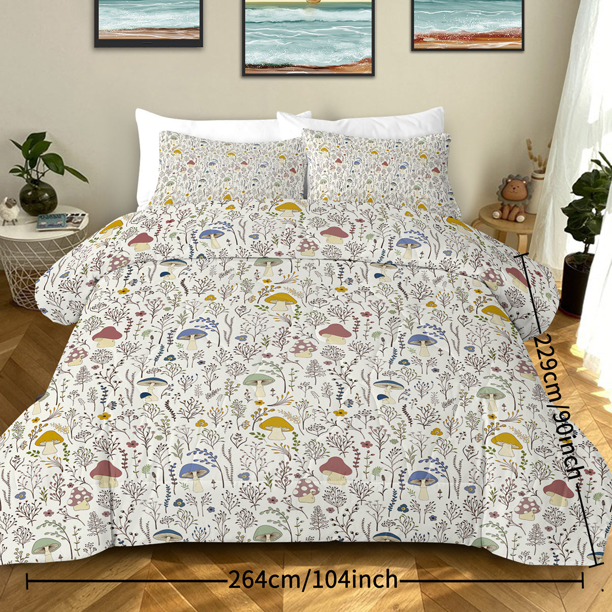 KTX-866259 Mushroom Print Microfiber Comforter Set with Shams - Twin, Full, Queen, King Sizes Available