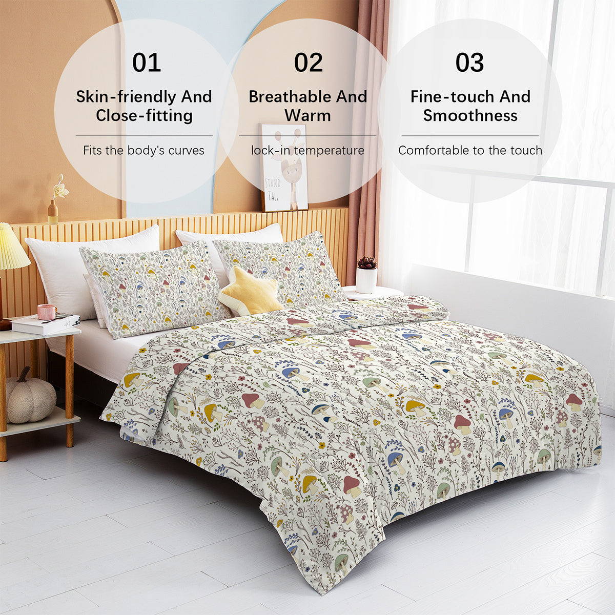 KTX-866259 Mushroom Print Microfiber Comforter Set with Shams - Twin, Full, Queen, King Sizes Available