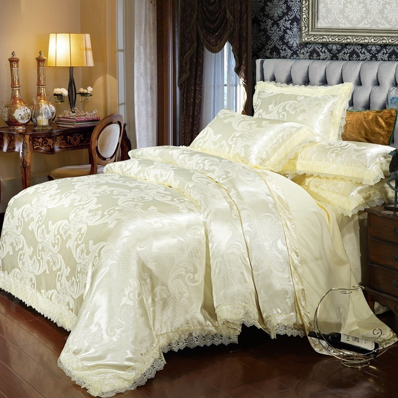 KTX-866899 Satin Jacquard Three-Piece Fitted Sheet Set with Duvet Cover and Pillowcases