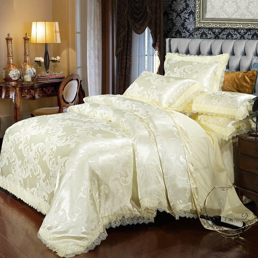 KTX-866899 Satin Jacquard Three-Piece Fitted Sheet Set with Duvet Cover and Pillowcases