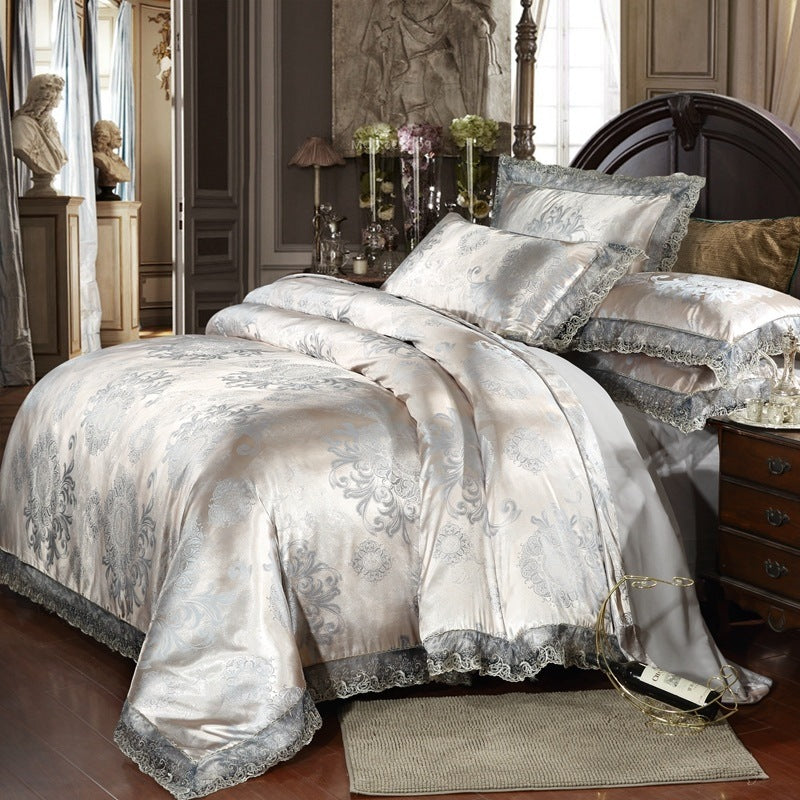 KTX-866899 Satin Jacquard Three-Piece Fitted Sheet Set with Duvet Cover and Pillowcases