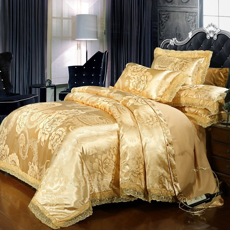 KTX-866899 Satin Jacquard Three-Piece Fitted Sheet Set with Duvet Cover and Pillowcases